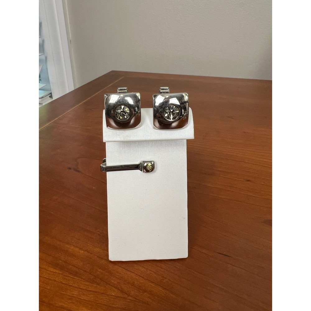 Vintage Silver Tone Square Crystal Cufflinks & Tie Clip Set Mens Formal Jewelry